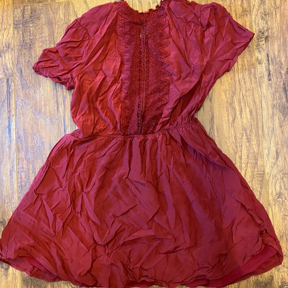 Boho linen lace front high neckline mini dress